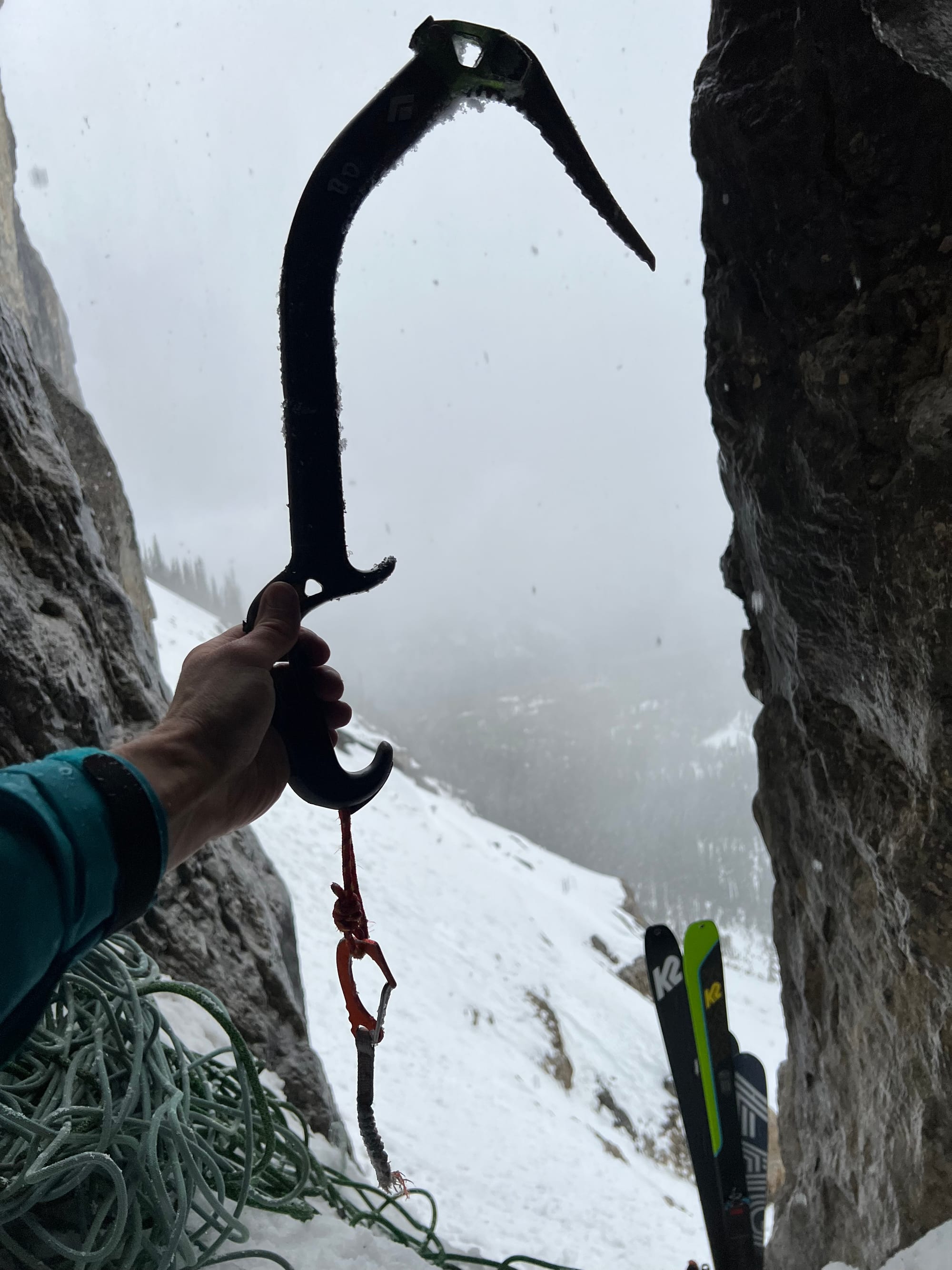 BD Hydra Ice Tool with broken tether attached, light snow in background